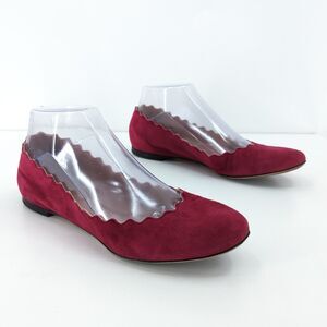 CHLOE Women EU 37 Lauren Ballerina Flats Red Suede Scalloped Slip On $595